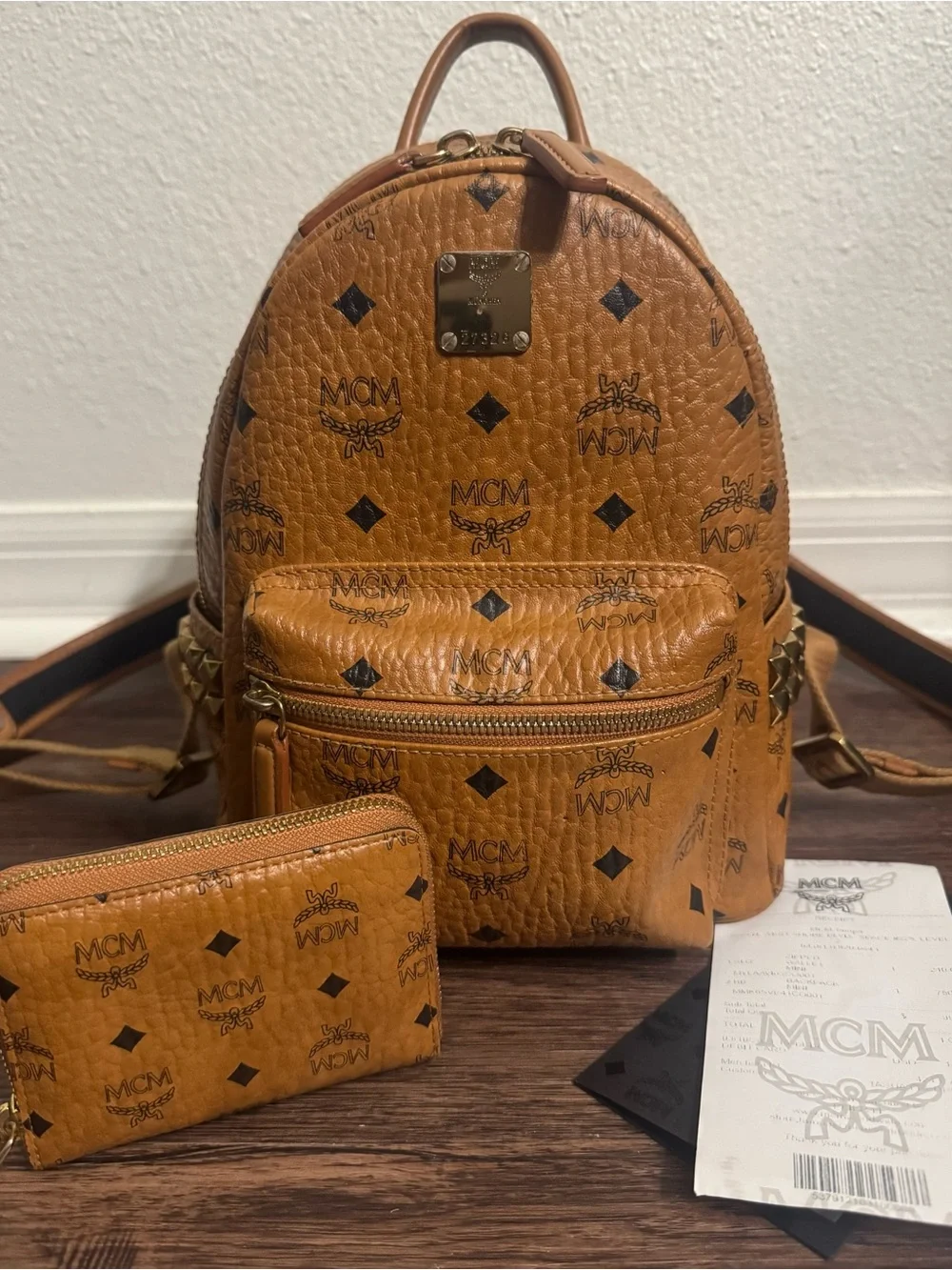 MCM Mini Stark Side Studs Backpack Visetos Cognac With Matching Wallet